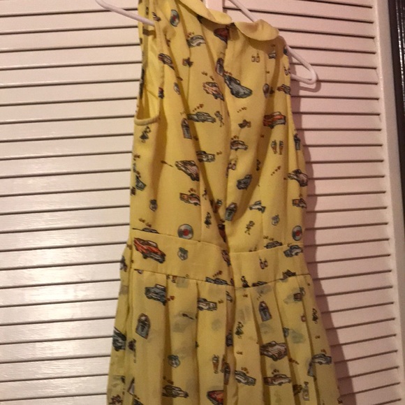 Retro Mod car print UK dress in lemon yellow - Picture 7 of 9